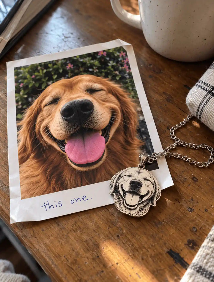 Pet photograph beside the FurEver pendant made from it
